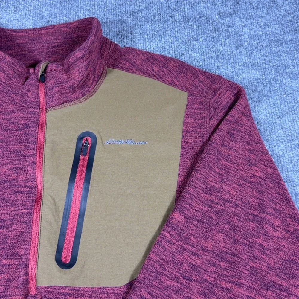 Eddie Bauer Mens XL Quarter Zip Pullover Fleece Burgundy Heather Chest Pocket